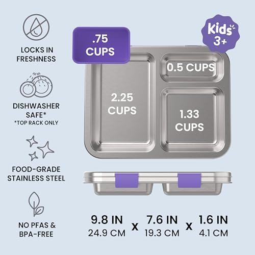 Bentgo Kids Stainless Steel Leak-Resistant Lunch Box - 3-Compartments with Bonus Silicone Container, Durable, Eco-Friendly, Dishwasher Safe, BPA-Free, Ideal for School, Ages 3+ (Purple) - color: Purple