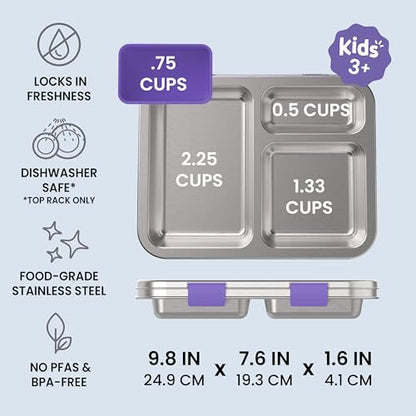 Bentgo Kids Stainless Steel Leak-Resistant Lunch Box - 3-Compartments with Bonus Silicone Container, Durable, Eco-Friendly, Dishwasher Safe, BPA-Free, Ideal for School, Ages 3+ (Purple) - color: Purple