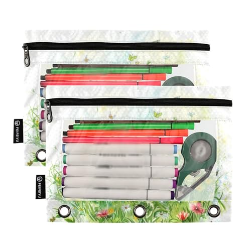Fustylead Bulldog Puppy Dogs Flowers Pencil Pouch for 3 Ring Binders, Zipper Pencil Bags with Clear Window Organizer for Cosmetic Office School Students 2 Pack - color: Bulldog Puppy Dogs