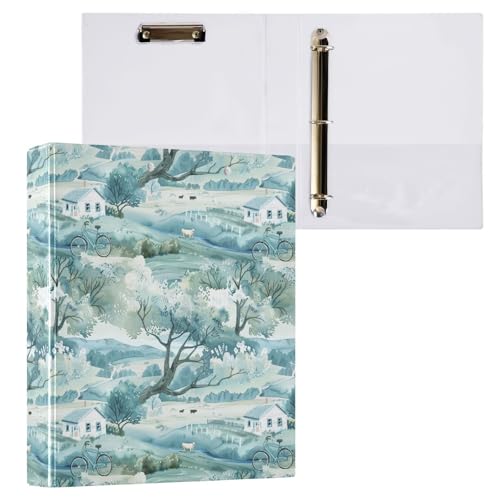 Blue White Countryside Cow Bike 3 Ring Binder 1.5" Decorative D-Ring Binder with Clipboard&3 Clear Pockets, Holds 200 Sheets A4 Size Paper Waterproof Binders for School Home Office - color: Countryside Cow Bike, size: ‎12.4x10.63x2.36 Inch-1 Pack