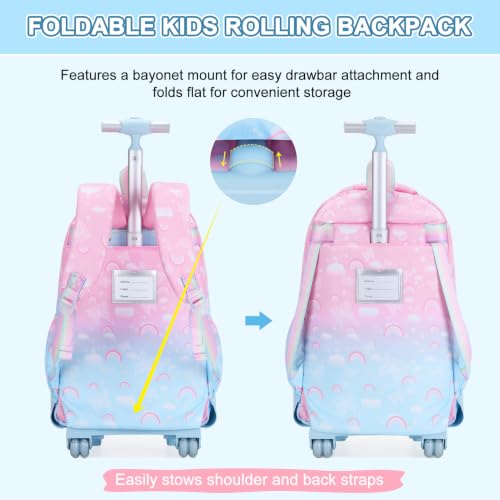 Scothen Rolling Backpack for Girls, 3PCS Roller School Backpacks for Girls with Lunch Bag and Pencil Pouch, Kids Bookbag Schoolbag with Wheels for Teen Girl Kindergarten Elementary Middle School - color: Pink Blue