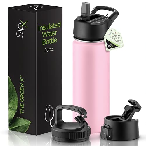 SipX™ 18 oz Insulated Water Bottle with 3 Lids – Leakproof Stainless Steel, Triple Insulated – Cold 24 Hours/Hot 12 Hours – Durable Bottle for School, Gym, Travel – Light Pink - color: Pink, size: 18 Ounces