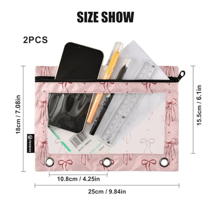 Bow Dots Red Pencil Pouch for 3 Ring Binder 2 Pcs Binder Pouches with Zipper Pocket Pencil Case Bag with Clear Window for Office Work School Supplies - color: Bow Dots Red