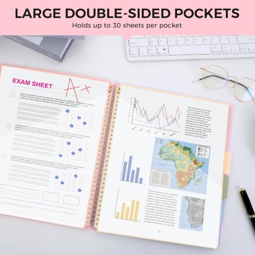 SKYDUE 12 Pocket Organizer, Spiral Multi Pocket Folder with Dividers, Pink Organize Notebook - color: Pink