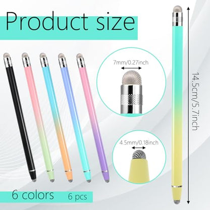 6 Pcs Stylus Pens for Touch Screens, Tablet Pens with Precision Double Fiber Tips Sensitive 2 in 1 Stylus Pen for Pad Tablets Smartphones Touch Screen