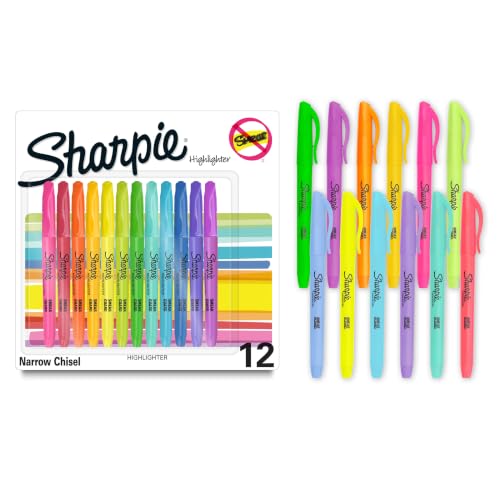 Sharpie Pocket Highlighters, Chisel Tip, Assorted Colored Highlighters, Essential Teacher and Office Supplies, Classroom Must Haves, Smear-Resistant, 12-Pack - color: Bright