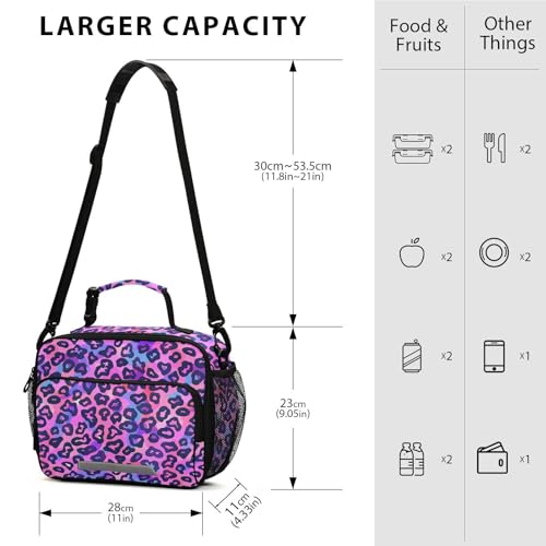 MNSRUU Student Lunch Bag Neon Purple And Pink Leopard Insulated Lunch Totes Picnic Bag Lunch Box with Adjustable Shoulder Strap for Teen Kids Adults - color: Leopard 13