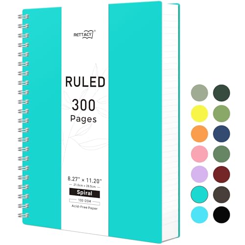 RETTACY Spiral College Ruled Notebook, 300 Pages, A4 Large Size (8.2" x 11.2"), for School, Work, Writing, Journaling, 100 GSM Thick Paper, Flexible Plastic Cover (Tiffani Blue) - color: Tiffani Blue, size: 8.2" x 11.2"