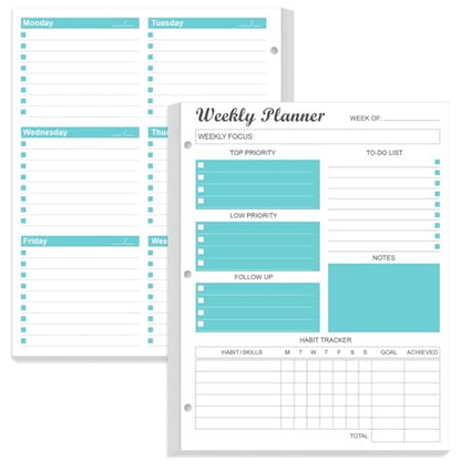 3-Hole Weekly Planner Refills - 53 Sheets/106 Pages Weekly Planner for 3 Ring Binders, 100 gsm White Paper, Lasts 1 Year, Undated, 8.5'' x 11'', Teal - size: 1-Pack, style: 3-Hole