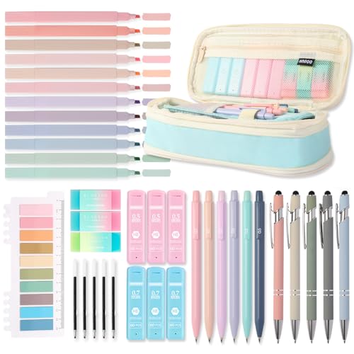 39PCS Aesthetic School Supplies with Cute Pencil Case, 5X Ballpoint Pens with Stylus Tip, 12X Pastel Highlighters, 6X Mechanical Pencil Set 0.5&0.7mm, Suit for Preppy School College Essentials(blue) - color: Blue