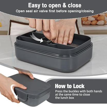 Caperci Stackable Bento Lunch Box for Adult & Teens - Reinforced Leak-Proof Lunch Container 4-Compartment with Utensils & Sauce Container, BPA-Free, Dishwasher/Microwave Safe, 47oz (Dark Gray) - color: Dark Gray