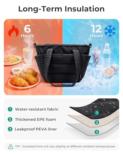 BAGSMART Lunch Bag Women Small Insulated Tote with Lunch Compartment Quilted Lightweight Puffy Tote Bag for Work, Travel, Outdoor, Black - color: 01-Black