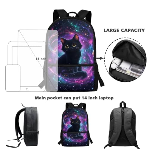 CLOHOMIN Black Cat Kids Backpack with Lunch Box for Girls 10-12/12-14 Middle School Bookbag for Kids Lunch Tote Bag Water Bottle Pouch 6th Grade Student Schoolbags Set of 3 - color: Black Cat