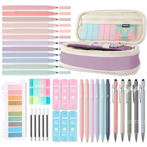 39PCS Aesthetic School Supplies with Cute Pencil Case, 5X Ballpoint Pens with Stylus Tip, 12X Pastel Highlighters, 6X Mechanical Pencil Set 0.5&0.7mm, Suit for Preppy School College Essentials(purple) - color: Purple