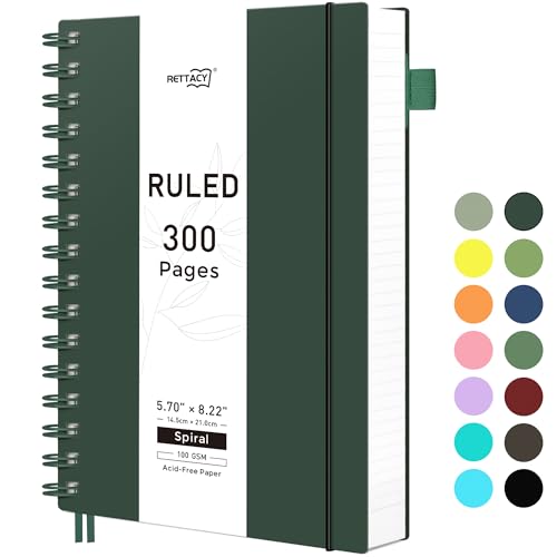 RETTACY Spiral College Ruled Notebook, 300 Pages, A5 Medium Size (5.7" x 8.2"), for School, Work, Writing, Journaling, 100 GSM Thick Paper, Flexible Plastic Cover (Deep Green) - color: Deep Green, size: 5.7" x 8.2"