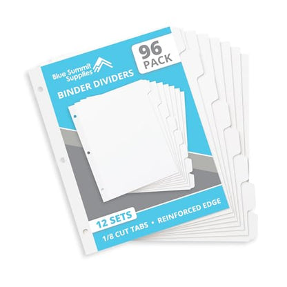 Blue Summit 8 Tab Dividers for 3 Ring Binder, Reinforced Edge, 1/8 Cut, Letter Size, Binder Dividers 8 Tab Bulk for Notebooks, White Index Divider, 12 Sets, 96 Pack - size: 96 Pack