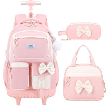 Bevalsa Rolling Backpack for Girls, Roller Backpack with Wheels, Cute Bow Wheeled School Bookbag Set with Lunch Bag & Pen Case, Suitcases for Kids Teens Elementary Middle Student (Pink Beige) - color: Pink Beige