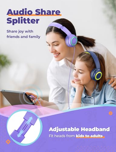 iClever 2Pack Kids Headphones with Sharing Splitter - 85dBA Safe Volume Limited - HS22 Wired Headphones for Kids Teens, Tangle-Free 3.5mm Jack Foldable Stereo Headphone for School/Tablet/Travel - color: Purple & Green