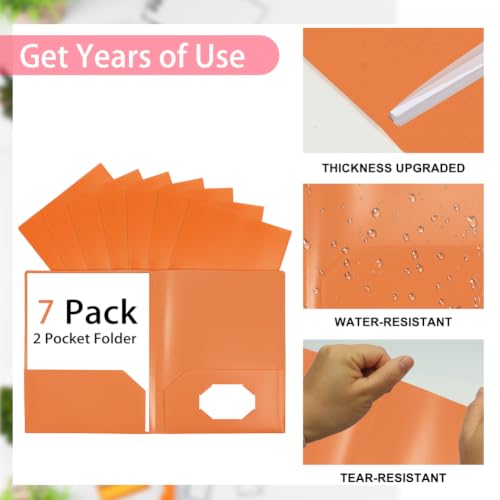 Orange Folders with Pocket 7 Pack, 2 Pocket File Folders Bulk, Plastic Paper Folder, File Folders with Card Slot for Student School, Home Office Business Supplies - color: Orange