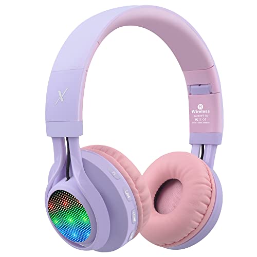 Riwbox WT-7S Kids Bluetooth Headphones Light Up, Foldable Stero Wireless Headset,with Microphone and Volume Control,Comfortable and Durable,for PC/Tablet/TV/Travel(Purple) - color: Purple