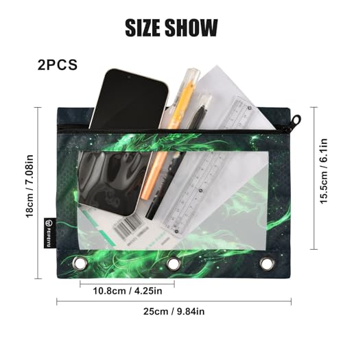 2 Pack Pencil Pouch for 3 Ring Binder Green Glowing Dragon Pencil Case Pouch with Clear Window Zipper Binder Pencil Pouches Pen Bag for Office School Supplies - color: Green Glowing Dragon