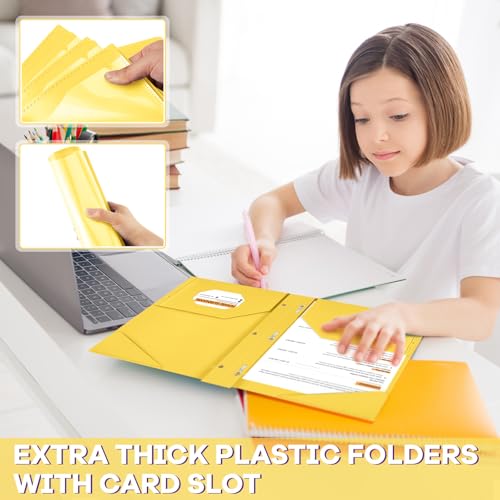 Henoyso 48 Pcs Plastic Folder with Clear Front Pocket and 3 Prongs Heavy Duty Plastic Folders with Card Slot Pocket Folders with Prongs for School Office Home(Yellow) - color: Yellow