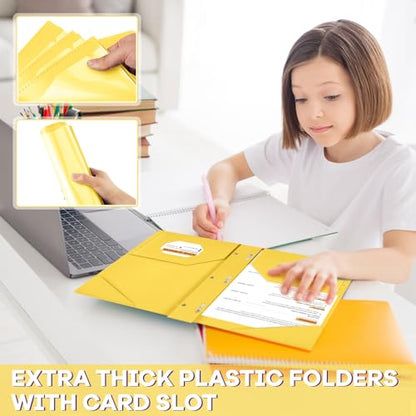 Henoyso 48 Pcs Plastic Folder with Clear Front Pocket and 3 Prongs Heavy Duty Plastic Folders with Card Slot Pocket Folders with Prongs for School Office Home(Yellow) - color: Yellow