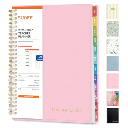 SUNEE Teacher Planner 2026-2027 Academic Year, Lite Lesson Planner Book with 7 Periods Jul 2026 - Jun 2027, 8.5"x11" Daily Weekly and Monthly Organizers, Plan Book with Pocket Folder, Color Tabs,Pink - color: Pink