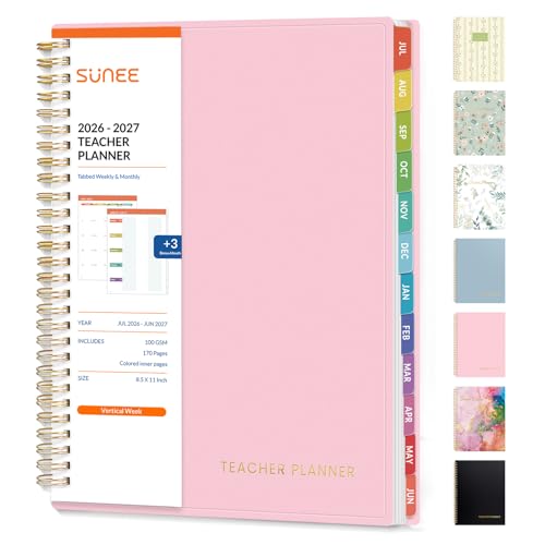 SUNEE Teacher Planner 2026-2027 Academic Year, Lite Lesson Planner Book with 7 Periods Jul 2026 - Jun 2027, 8.5"x11" Daily Weekly and Monthly Organizers, Plan Book with Pocket Folder, Color Tabs,Pink - color: Pink