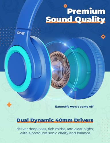 iClever 2Pack Kids Headphones with Sharing Splitter - 85dBA Safe Volume Limited - HS22 Wired Headphones for Kids Teens, Tangle-Free 3.5mm Jack Foldable Stereo for School/Tablet/Travel - color: Green & Blue