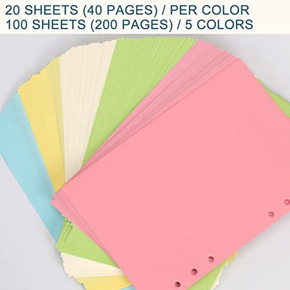 A6 Colorful Refill Paper, [5 Colors] Toplive 100GSM Thick Refillable Paper 6 Hole Filler Inserts Loose Leaf Paper 100 Sheets (200 Pages) for 6 Ring Binder Journal Notebook - style: Colorful Blank 5 Pack