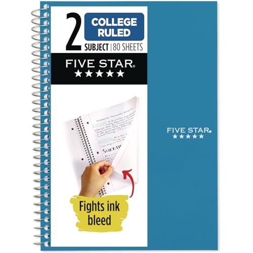 Mead Five Star Wirebound Notebook, 2-Subject, Medium/College Rule, 80 Sheets 19x13.9 cm (7.5x5.5") Assorted Cover Color