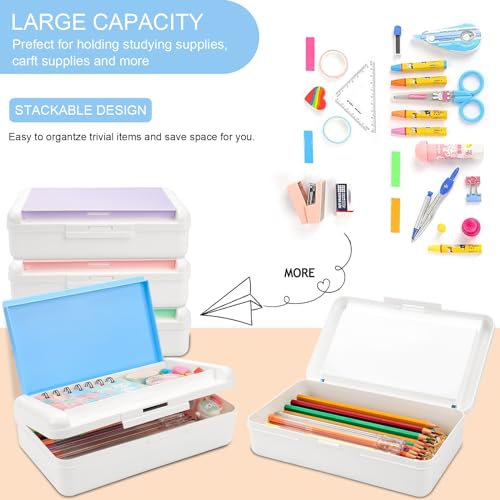 SFLHHDM Pencil Box, Double Layer Large Capacity, White Blue, 1pcs | Plastic, Snap-tight Lid, Stackable Storage, For Gel Pen Pencils Crayons, Office Supplies - color: White Blue-1pcs