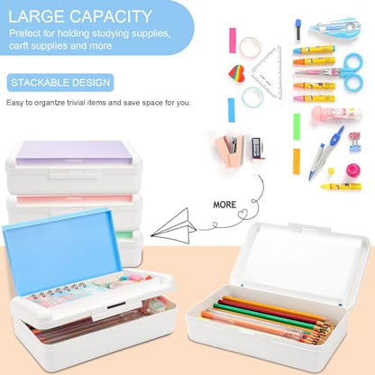 SFLHHDM Pencil Box, Double Layer Large Capacity, White Blue, 1pcs | Plastic, Snap-tight Lid, Stackable Storage, For Gel Pen Pencils Crayons, Office Supplies - color: White Blue-1pcs