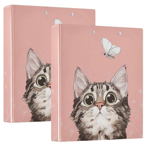 Fustylead Lovely Cat and Butterfly Light Pink 3 Ring Binder, D-Rings 1.5" Hardcover Folder, Fits 200 Sheets of A4 Paper, Durable Clipboard & Clean View with Inside Pockets for School Home Office - size: 12.4x10.63x2.36 Inch-2 Pack