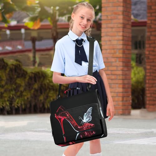 Red High Heel Shoe and White Butterfly Silhouette 3 D-Ring 2 inch Zipper Binder Bag with Shoulder Strap, Multi-Pocket Portfolio Organizer Case for 13 Inch Laptop Middle School - color: Red High Heel Shoe and White Butterfly Silhouette