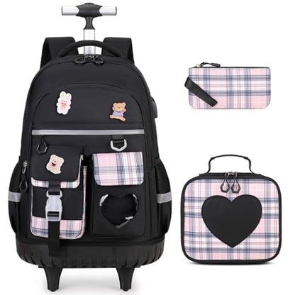 ACESAK Rolling Backpack for Girls - Roller Wheels School Bookbag with Lunch Bag & Pencil Pouch for Teen Girls Kids Wheeled Suitcase Backpacks, Elementary Middle School Travel Daypack (Black) - color: Black