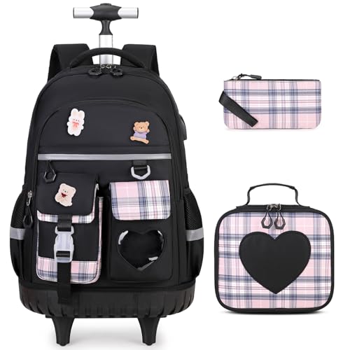 ACESAK Rolling Backpack for Girls - Roller Wheels School Bookbag with Lunch Bag & Pencil Pouch for Teen Girls Kids Wheeled Suitcase Backpacks, Elementary Middle School Travel Daypack (Black) - color: Black