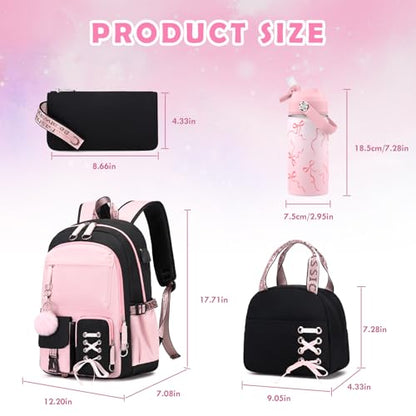 ACESAK Kids School Backpack for Girls, 4-In-1 Bookbag Backpack Set with 14OZ Insulated Kids Water Bottle, Lunch Bag Set for Girls Kid Teens Middle School Student, Girl Backpacks for Schools - color: Black-pink