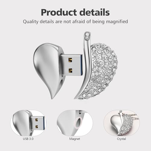 High Speed USB 3.0 Flash Drive,Cute Romantic Heart Shape USB Memory Stick,Thumb Drive for Photos, Music, Files Storage (Silver, 32, GB) - color: Silver