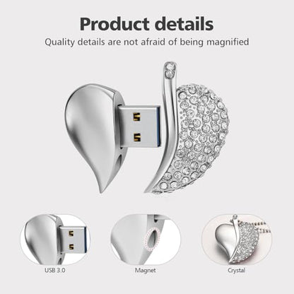 High Speed USB 3.0 Flash Drive,Cute Romantic Heart Shape USB Memory Stick,Thumb Drive for Photos, Music, Files Storage (Silver, 32, GB) - color: Silver