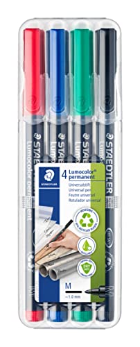 STAEDTLER Lumocolor Universal Pen, Medium, Felt Tip, Permanent Marker, Box of 4 Assorted Color Pens, 1.0mm 317 WP4 (317 WP4 ST) - color: Assorted Colours, size: 1 Count (Pack of 1), style: Medium,Permanent,Fine