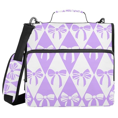 Fashion Bows Checkered Purple Zipper Binder with Shoulder Strap Bag 3 Ring Binder Organizer Large Capacity Multiple Compartments for School Office - color: Purple Bows Checkered