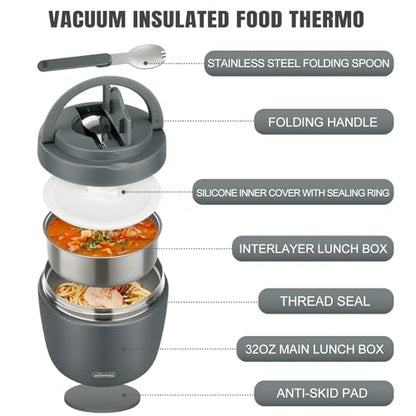 wiwens Thermo Food Jar for Hot Food Adults 32OZ Soup Thermo Lunch Containers Wide Mouth Vacuum Insulated Stainless Steel Leakproof Bento Box with Spoon (Grey) - color: Gray