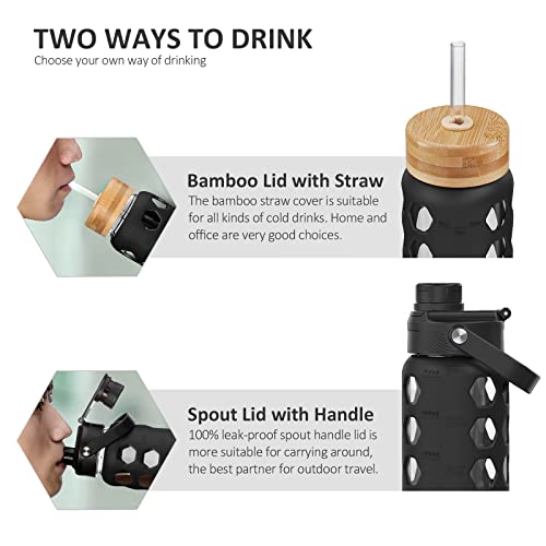 MUKOKO 24oz Glass Water Bottle, Black | Glass Tumbler with Straw, Drinking Bottles with 2 Lids-Handle Spout Lid & Bamboo Straw Lid, Silicone Sleeve, 1 Pack - color: Black, size: 24 Ounces