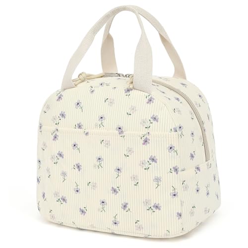 Corduroy Lunch Box for Women Girls, Cooler Lunch Bags Reusable Insulated Lunchbox for Picnic School Work Travel (Flowers Purple) - color: Corduroy Flowers Purple