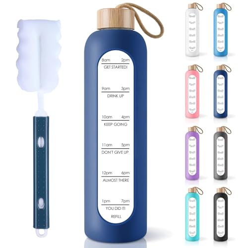 PROBTTL 25 oz Glass Water Bottles - Time Marker Motivational Borosilicate Glass Water Bottle With Silicone Sleeve and Bamboo Lid, Leak Proof, Reusable, BPA Free (Navy Blue) - color: Navy Blue, size: 25 Ounces