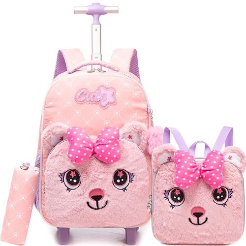 Girls Led Rolling Backpack for Kids Backpacks with Wheels Travel Luggage for Girls Backpacks for Kids with Lunch Box Cute Kawaii Backpack for Elementary - color: L-pink Bear