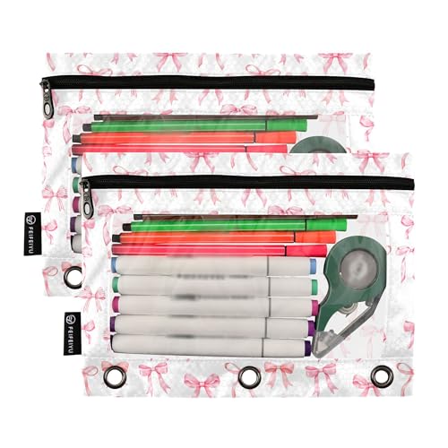 Wamika Bowknot Pink White Binder Pouches 3 Ring for Boys Girls School Office College Supplies Cute Bow Ribbon Doodle Pattern Pencil Pouches Case Bag with Clear Window and Zipper 2 pack - color: Bowknot