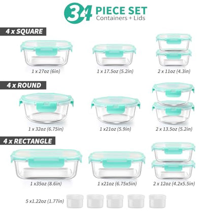 34pcs Glass Food Storage Containers with Lids Set, Airtight Glass Meal Prep Containers (17 Containers & 17 Lids), Leak Proof Lunch Container BPA-Free, Microwave, Oven, Freezer, Dishwasher Safe-Green - color: Green